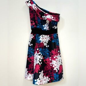 KENSIE One Shoulder Ruffle Dress Size 2 Black Pink Blue Floral Lined